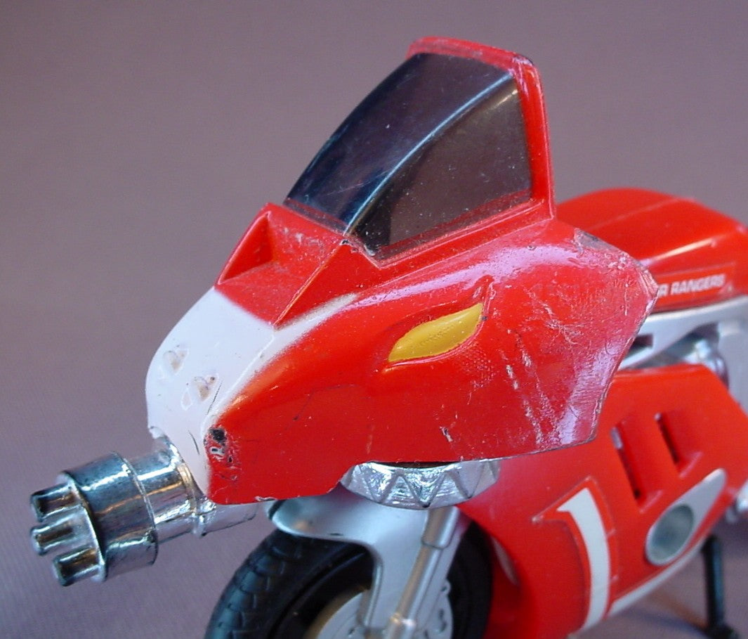 Power Rangers Red Ranger Motorcycle With The Kickstand, T-Rex Or Tyrannosaurus Rex Battle Bike, 6 3/4 Inches Long, Has Wear On One Side Of The Cowl, 1993 Bandai, Mighty Morphin Power Rangers, MMPR
