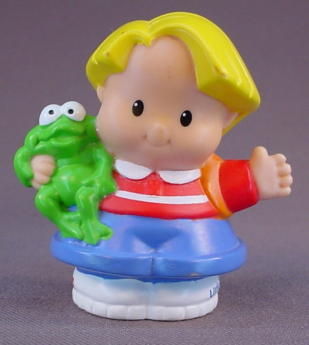 Fisher Price Little People Eddie Holding His Pet Frog, 2003 Mattel, Wearing A Red & White Striped Shirt, LP