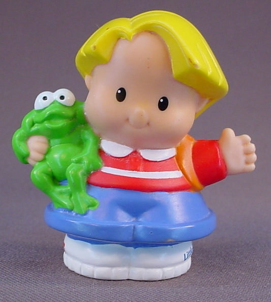 Fisher Price Little People Eddie Holding His Pet Frog, 2003 Mattel, Wearing A Red & White Striped Shirt, LP