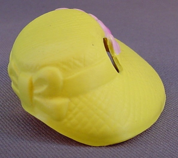 My Little Pony Yellow Vinyl Sun Bonnet Hat With 2 Ear Holes And Pink Flowers On The Front, From A G1 Pretty Parlor Peachy Set, 1983 Hasbro