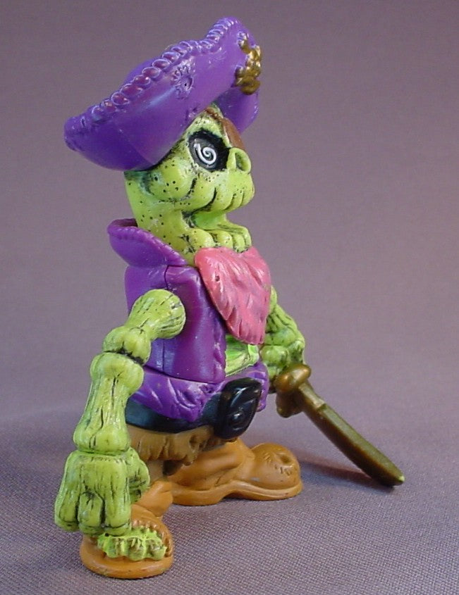 Green Skeleton Pirate Captain Figure With A Purple Hat & A Gold Sword, Swivels At The Waist, The Arms Move, 2004 Keenway Pirate Adventures Battle Island
