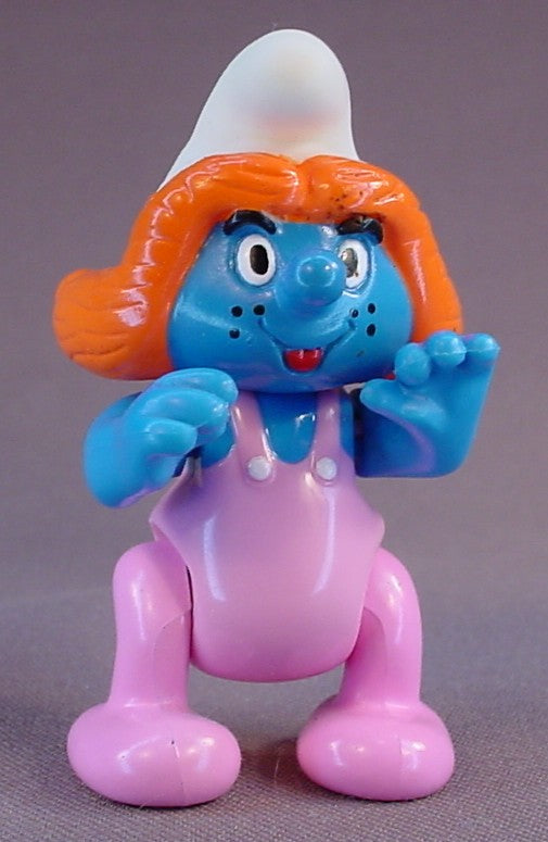 Sassette Smurfling Smurf Figure, 2 3/4 Inches Tall, From A Smurf & Picnic Wishing Well Set, Has A Vinyl Head And Spring Loaded Arms, The Legs Move, The Head Turns, 1995 Peyo Imps, Brussels, Irwin