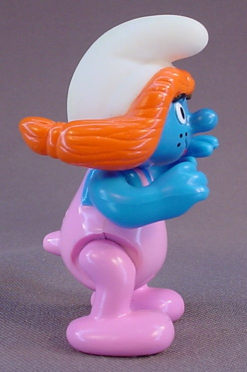 Sassette Smurfling Smurf Figure, 2 3/4 Inches Tall, From A Smurf & Picnic Wishing Well Set, Has A Vinyl Head And Spring Loaded Arms, The Legs Move, The Head Turns, 1995 Peyo Imps, Brussels, Irwin