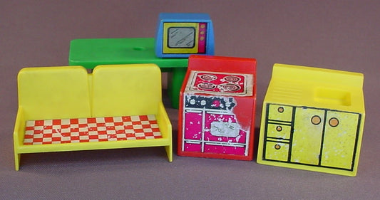 Playskool Vintage Furniture Accessories Lot From A #482 Wooden Play Camper Set, Some Have Damage To The Litho Stickers, Vintage 1970 To 1972