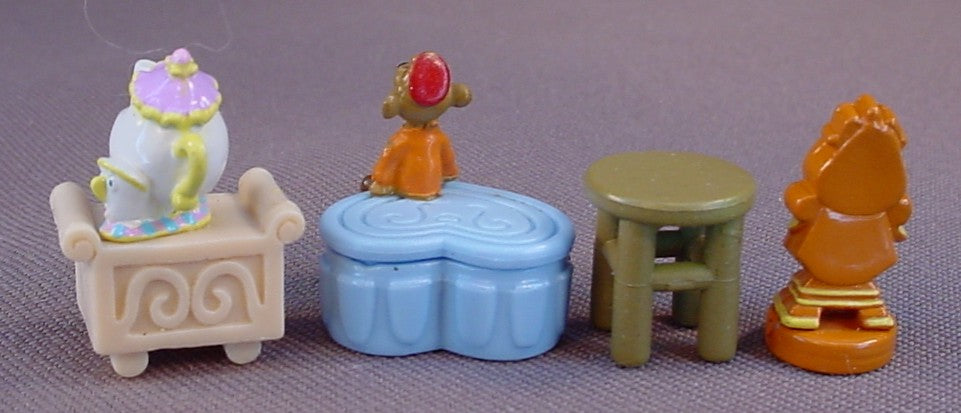 Disney Lot Of 4 Mini Figures & Accessories For A Polly Pocket Style Set, Cogsworth Is 7/8 Of An Inch Tall