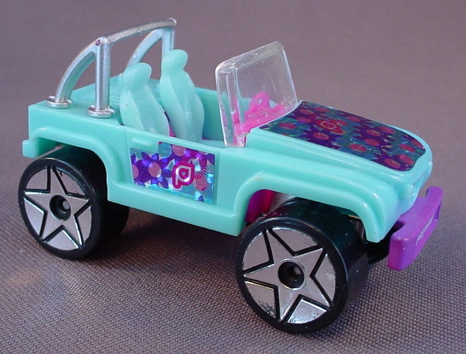 Polly Pocket Light Blue Convertible Car With Shiny Floral Decals, 2 3/4 Inches Long, It Rolls Straight, Origin Products, 2007 Mattel