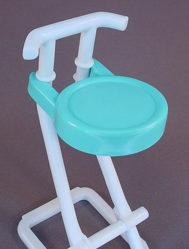 Barbie Vintage White & Aqua Blue Kitchen Stool From A So Much To Do Kitchen Set, 5 1/4 Inches Tall, 1994 Mattel, Replacement