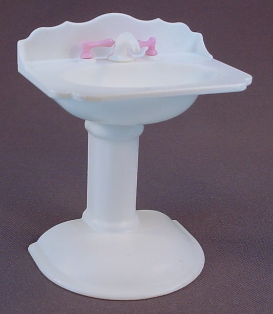 Barbie Vintage White Pedestal Sink With Movable Pink Handles, 3 1/8 Inches Tall, For A Kelly Doll, 1996 Mattel