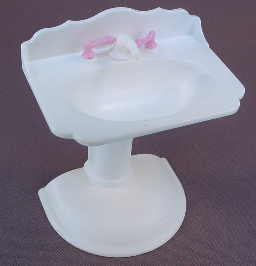 Barbie Vintage White Pedestal Sink With Movable Pink Handles, 3 1/8 Inches Tall, For A Kelly Doll, 1996 Mattel