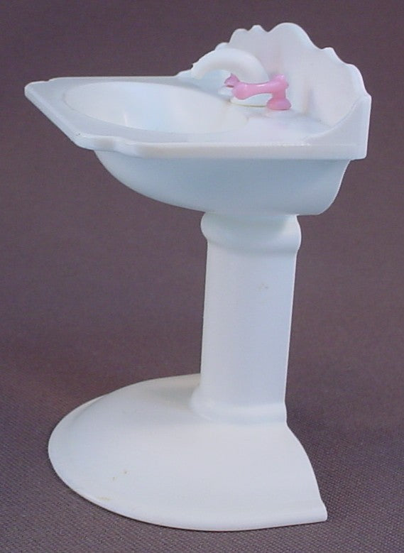 Barbie Vintage White Pedestal Sink With Movable Pink Handles, 3 1/8 Inches Tall, For A Kelly Doll, 1996 Mattel