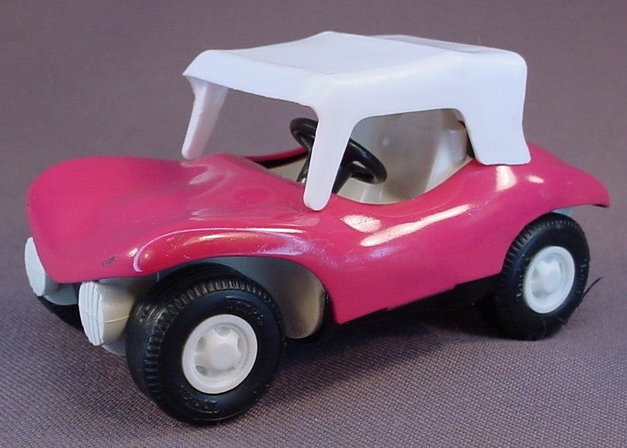 Tonka Vintage Dune Buggy #55340, Pressed Steel Or Metal, Hot Pink With A White Roof & Interior, 3 1/4 Inches Long. Has Some Paint Marks Or Bubbling On The Rear