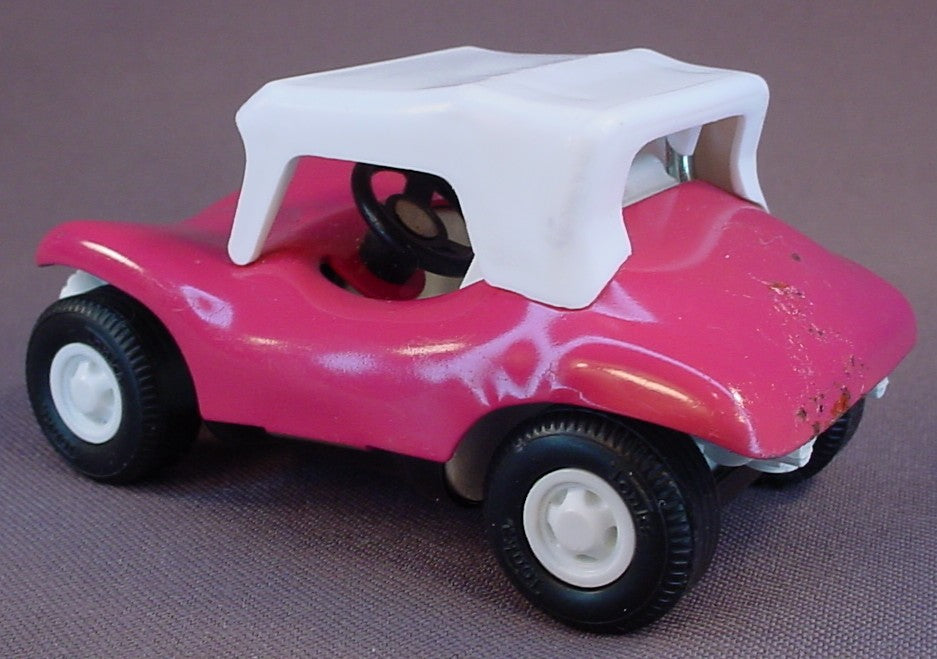 Tonka Vintage Dune Buggy #55340, Pressed Steel Or Metal, Hot Pink With A White Roof & Interior, 3 1/4 Inches Long. Has Some Paint Marks Or Bubbling On The Rear