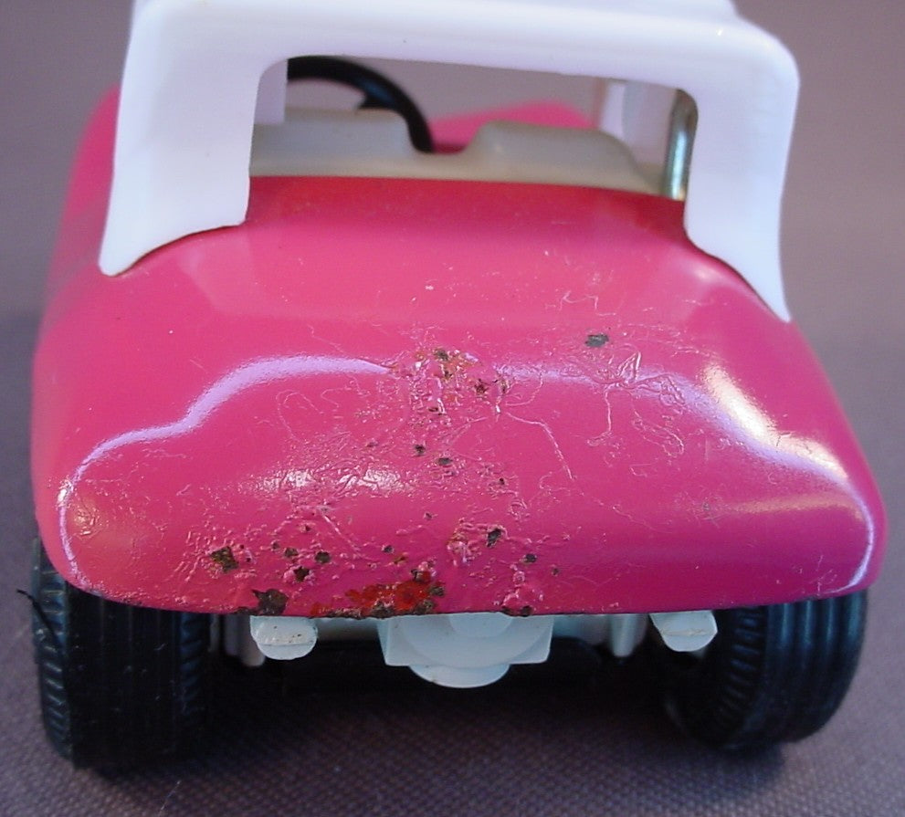 Tonka Vintage Dune Buggy #55340, Pressed Steel Or Metal, Hot Pink With A White Roof & Interior, 3 1/4 Inches Long. Has Some Paint Marks Or Bubbling On The Rear