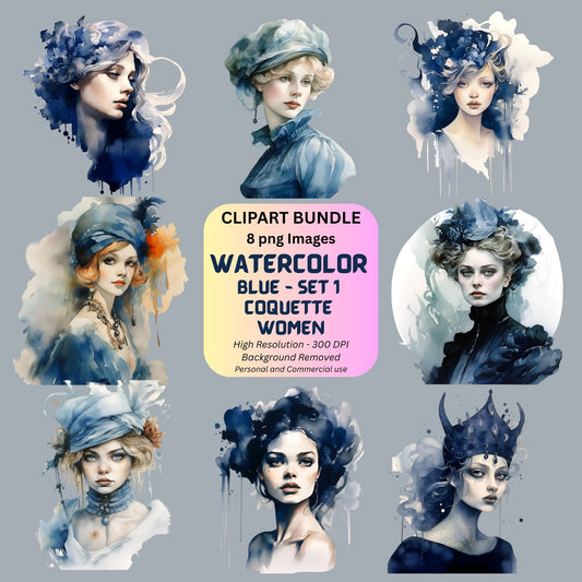 Blue Coquette Women Watercolor (Set 1),  8 PNG Bundle