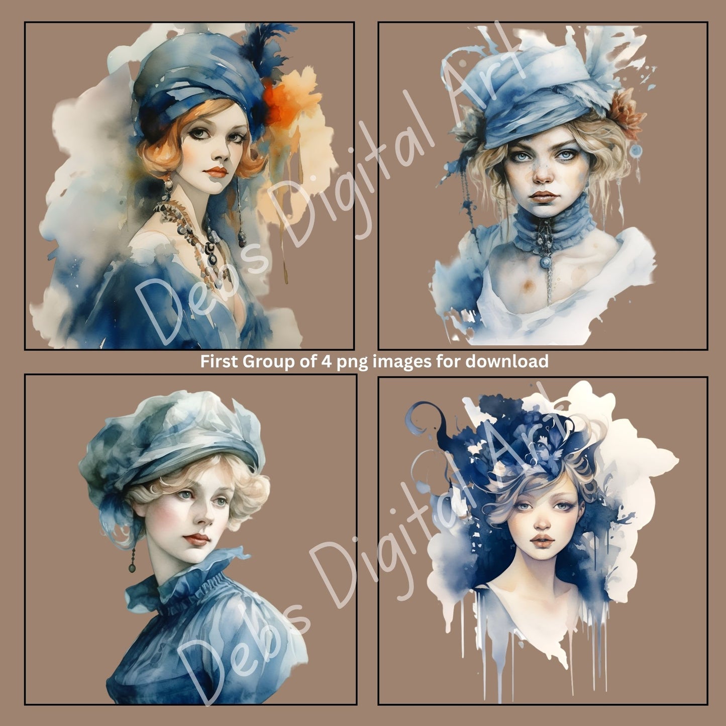 Blue Coquette Women Watercolor (Set 1),  8 PNG Bundle