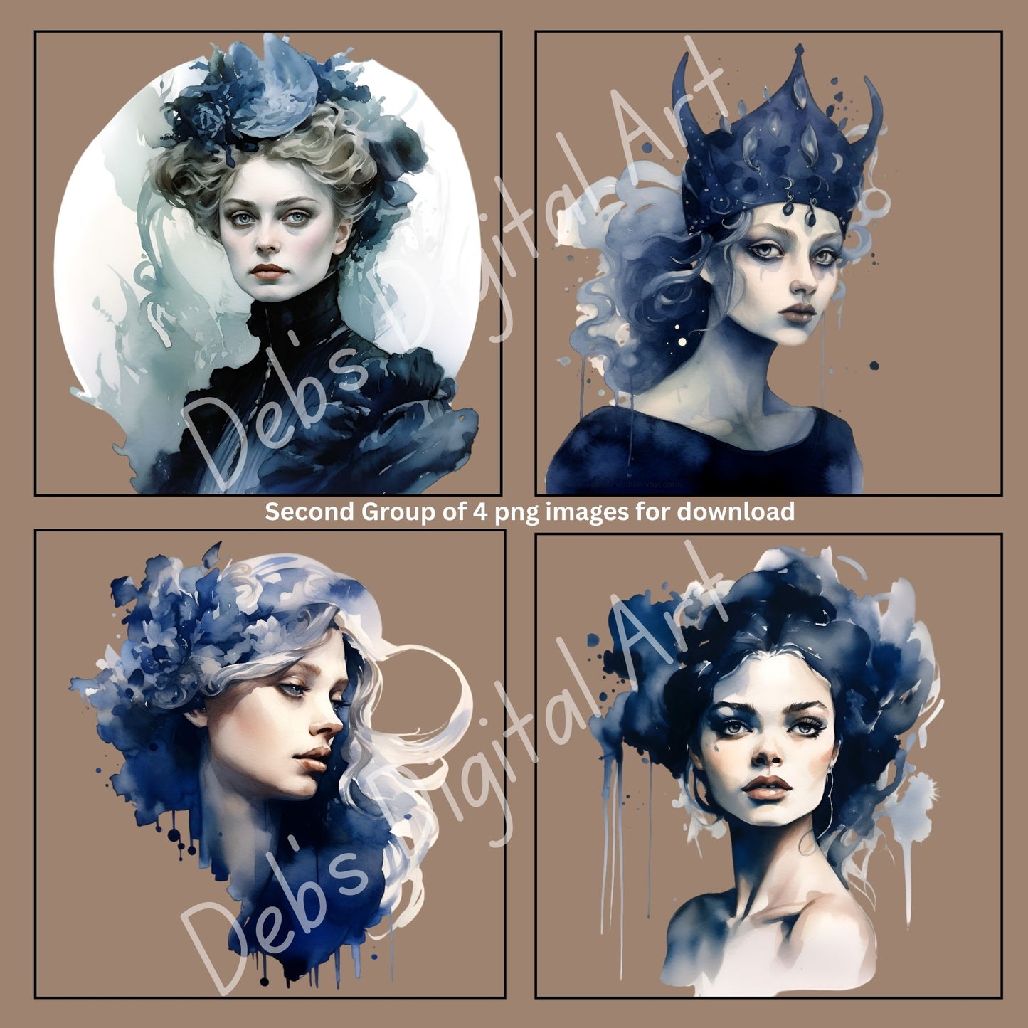 Blue Coquette Women Watercolor (Set 1),  8 PNG Bundle