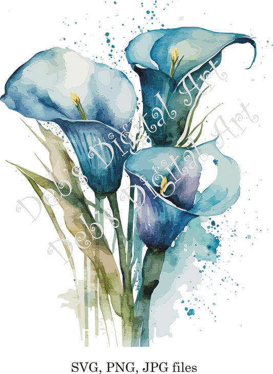 Watercolor botanical Calla Lilies Blue Bouquet Flower plant digital clipart, vector, png. jpg, jpeg, svg wall art, graphic