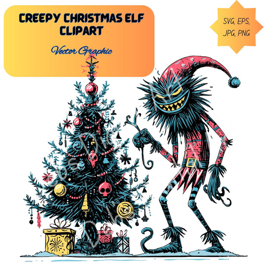 Creepy Christmas Elf Clipart, Spiky-Haired Elf with Yellow Eyes Decorating Tree,  (Svg Png Eps Jpg)  (Digital Download)