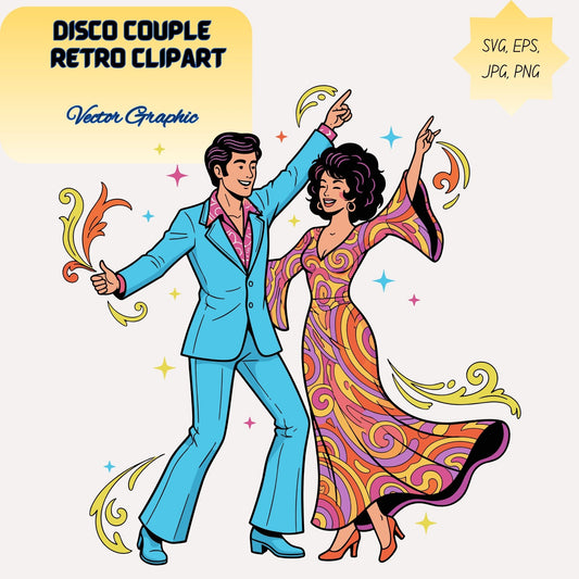 Disco Couple In Retro Polyester Outfits, (Clipart):  (Svg Png Eps Jpg), (Digital Download), (Transparent Background)