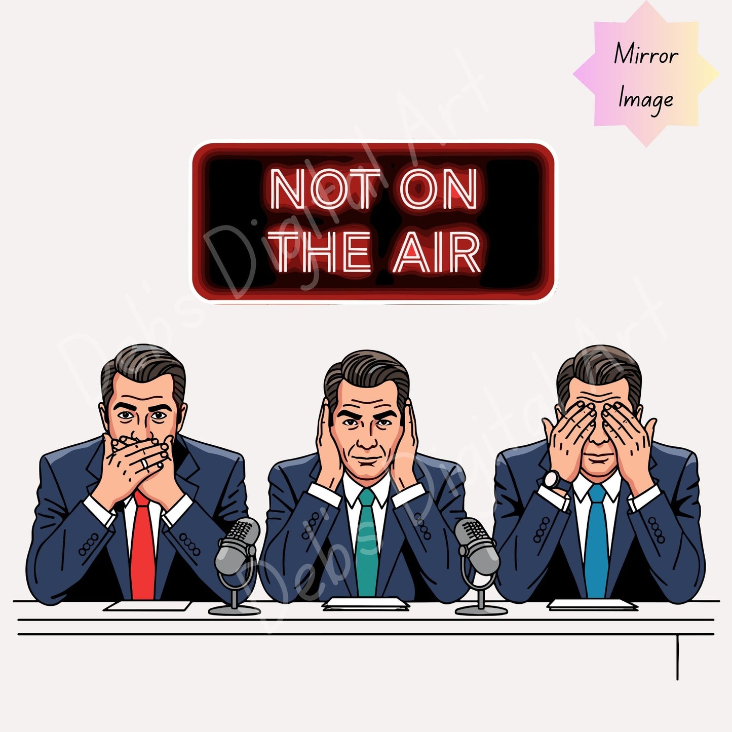 Clipart of Three Talk Show Hosts Losing Free Speech, (See No Evil, Hear No Evil, Speak No Evil), Censorship (Svg Png Eps Jpg)