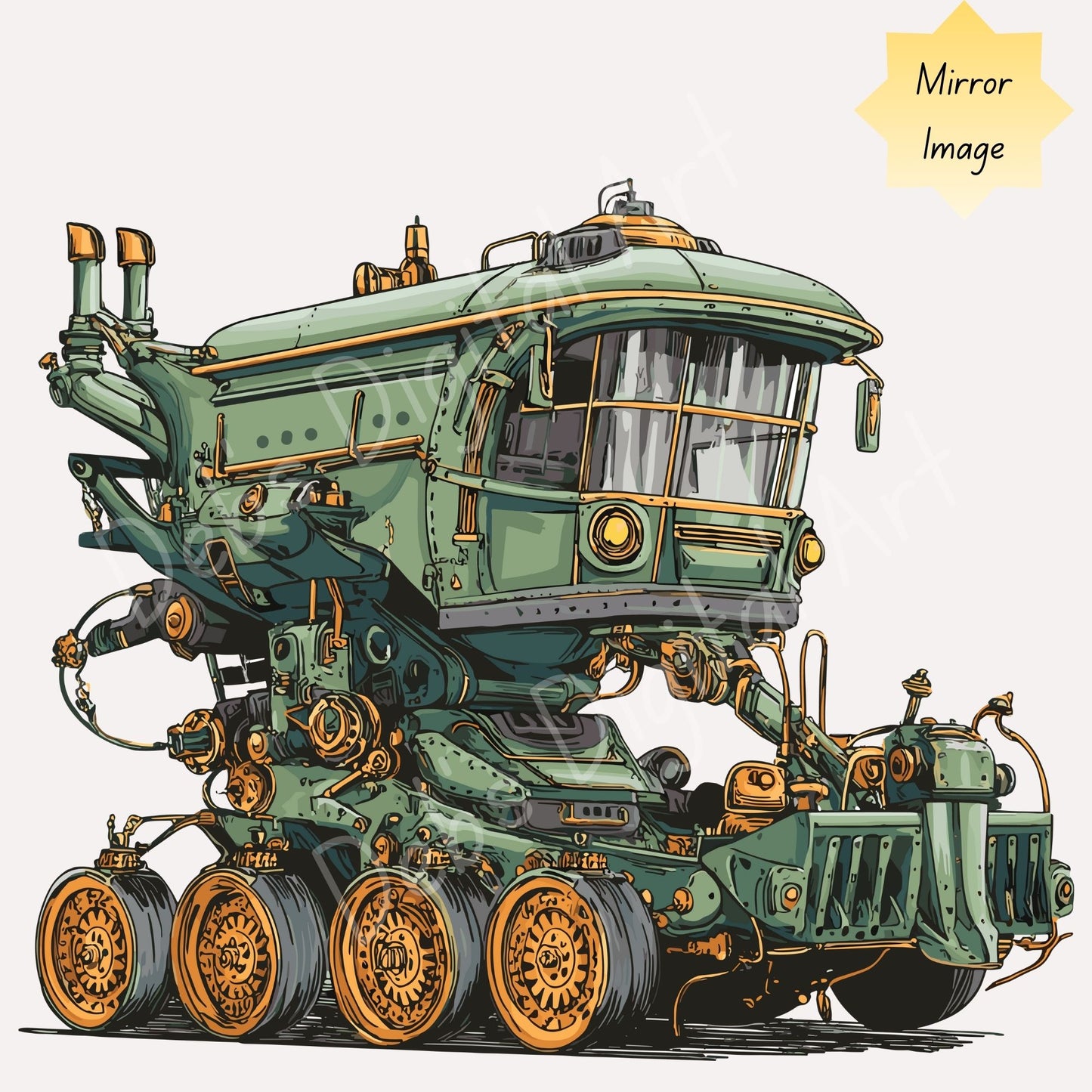 Steampunk Farm Combine Clipart: Green & Gold Fantasy Machine,  (Svg Png Eps Jpg), (Digital Download)