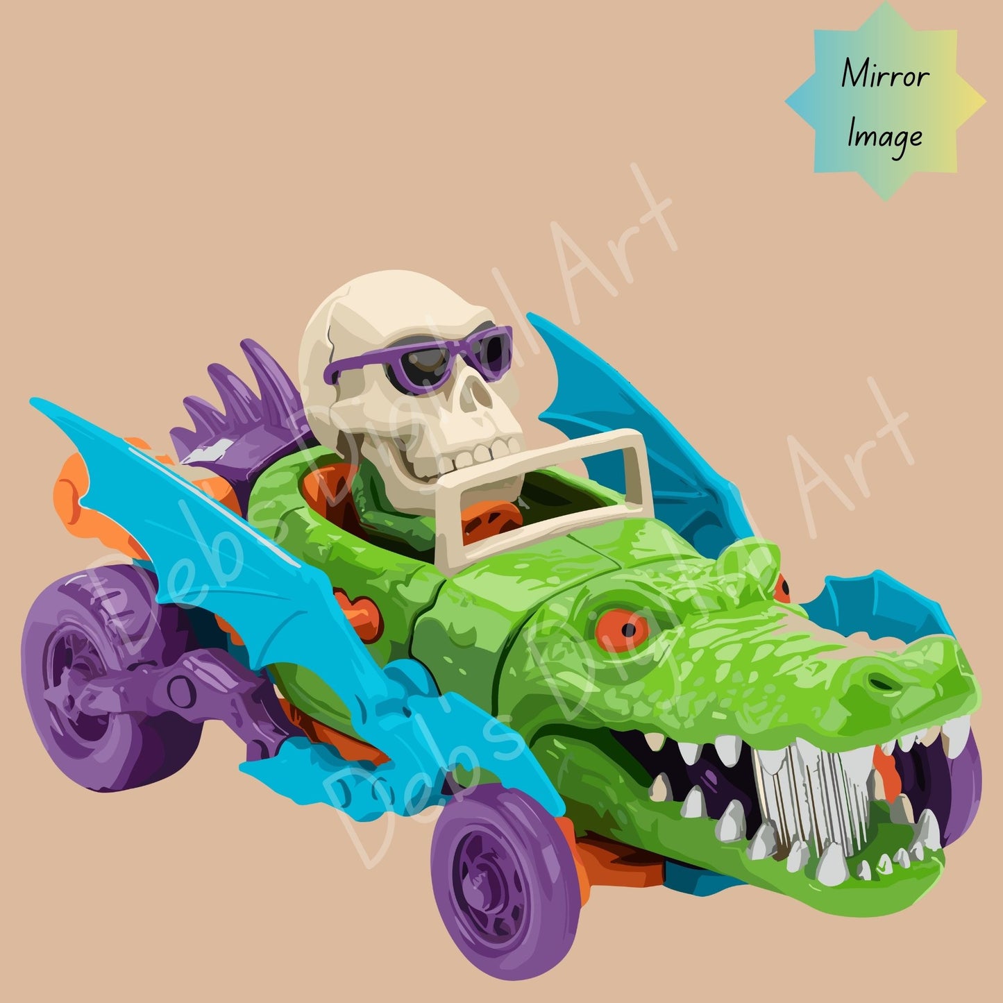 Fantasy Cute Scary Skeleton Driving Alligator Car with Bat Wing, Halloween Gothic Clipart, SVG PNG EPS JPG 300 DPI