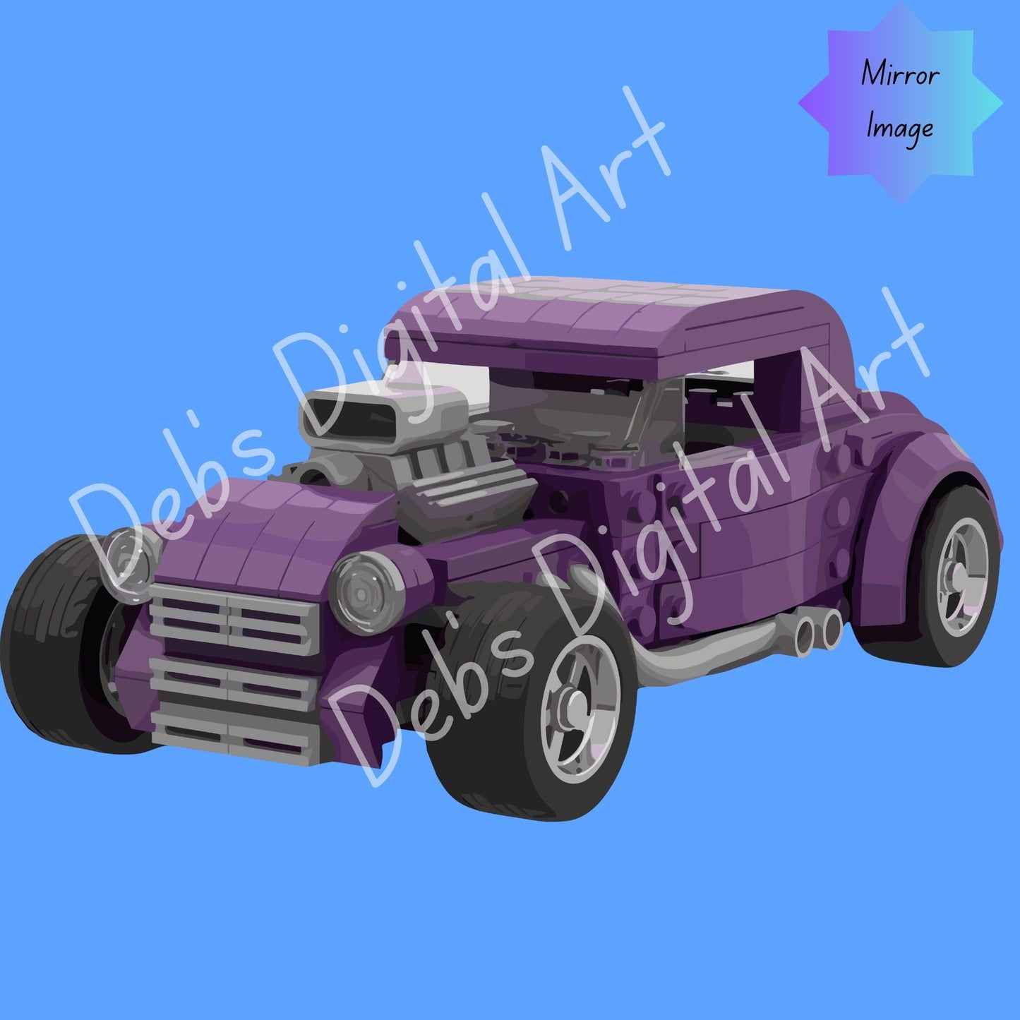 Purple Hot Rod Car Clipart,  Building Block Toy Style with Big Block Engine, SVG PNG EPS JPG,  Transparent 300 DPI Download