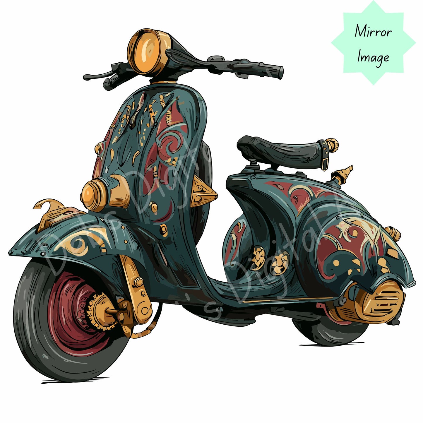 Fantasy Motor Scooter Clipart: Retro Green and Gold, Whimsical Retro Scooter Illustration (Digital Download), (Svg Png Eps Jpg)