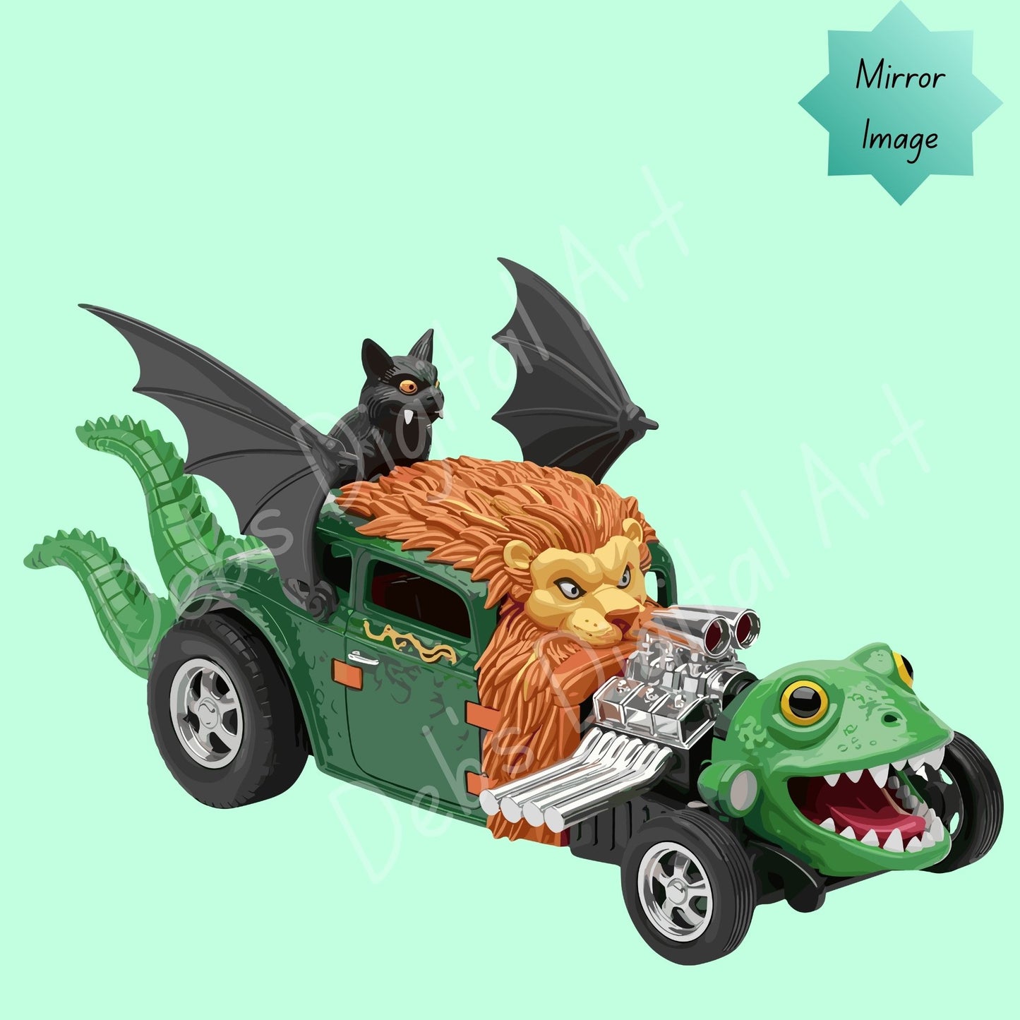 Fantasy Animal Hot Rod Clipart: Lizard Lion Bat Car with Engine, (Svg Png Eps Jpg) (Transparent Background 300 DPI)