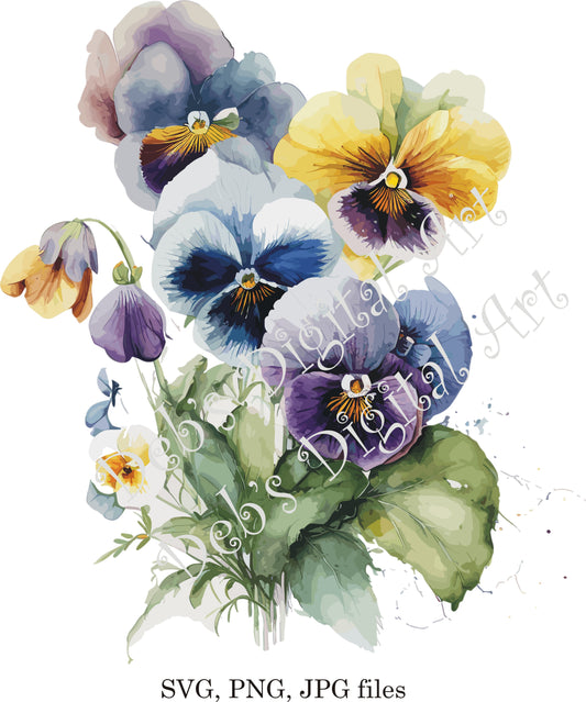 Watercolor botanical Pansies flower plant digital clipart, vector, png. jpg, jpeg, svg wall art, graphic