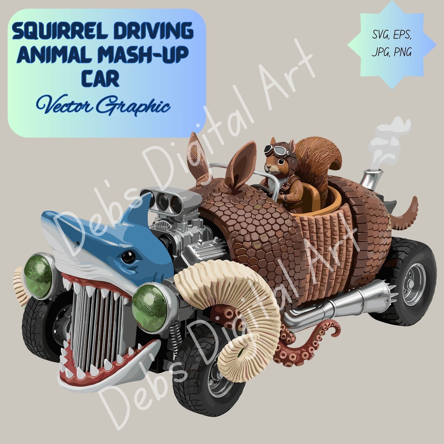Quirky Squirrel Driving Animal Mash-Up Car | Cute Cartoon Digital Download | Armadillo Shark Octopus Ram Hot Rod