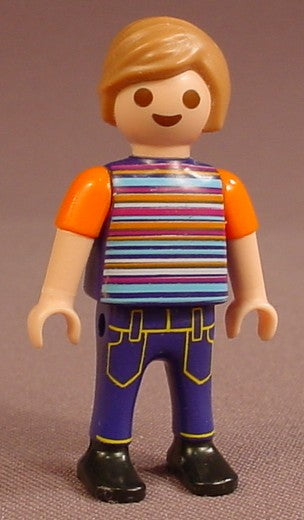 Playmobil Male Boy Child Figure In A Dark Blue Shirt With Orange Short Sleeves & Stripes, Blue Jeans, Black Shoes, 5612, 30 10 3290