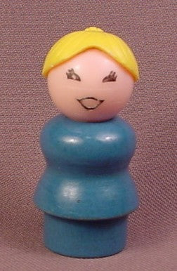 Fisher Price Vintage Woman With Yellow Hair Ponytail, Blue Wood