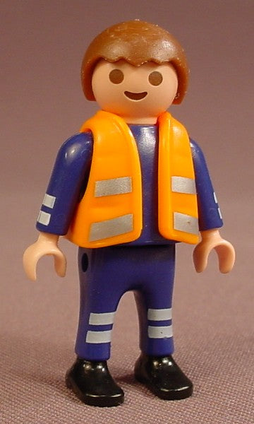 Playmobil Male Boy Child Figure In An Orange Safety Vest Over A Dark Blue Uniform, White Stripes On The Legs & Arms, Silver Gray Stripes On The Vest, Black Shoes, Brown Hair, 4336, 40 10 2210