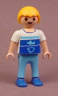 Playmobil Male Boy Child Figure In A Blue & White Shirt