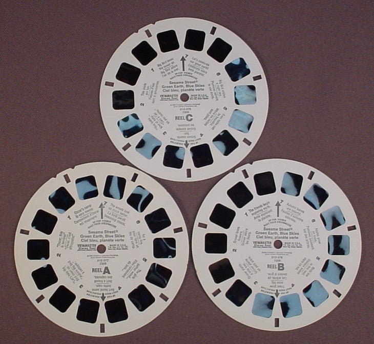 View-Master Set Of 3 Reels, Sesame Street Green Earth, Blue Skies, 7209, 012-377, 012-378, 012-379, 1990 Jim Henson