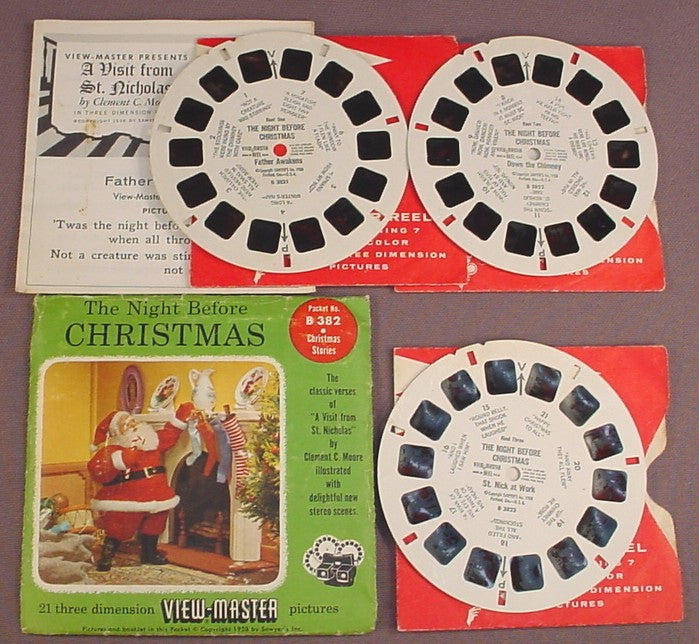 View-Master Set Of 3 Reels, The Night Before Christmas, B 382, B382, With The Packet Booklet & Individual Reel Sleeves, 1958 Sawyer's