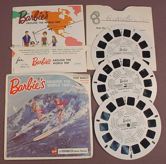 View-Master Set Of 3 Reels, Barbie, Barbie's Around The World Trip, B 500, B500, With The Packet, Booklet, Sleeve, 1965