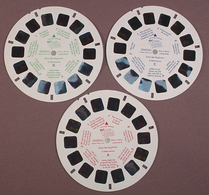 View-Master Set Of 3 Reels, Dora's World Adventure, Nick Jr, L2208-6019 L2208-6029 L22086039, 2006 Viacom, Fisher Price, Viewmaster