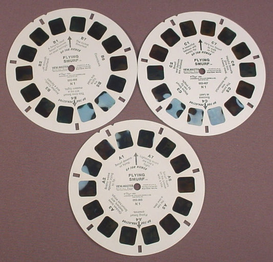 View-Master Set Of 3 Reels, The Smurfs, Flying Smurf, 002 465, 002 466, 002 467, Smurf's, 1982 Peyo, Viewmaster
