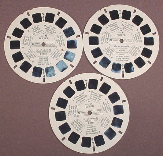 View-Master Set Of 3 Reels, Hjul Flipper, B 485, B485, Far En Veninde, 1966 Ivan Tors Films Inc, Metro Goldwyn Mayer