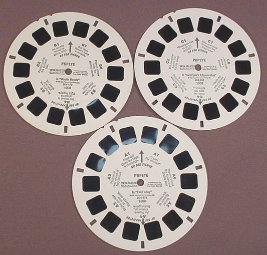 View-Master Set Of 3 Reels, Popeye, 1006, In Paint Ahoy, In Misslle Muscle, In Sweet Peas Edjamacation, 1962