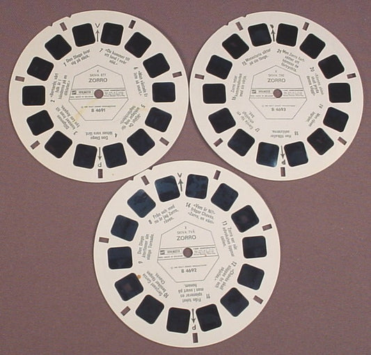 View-Master Set Of 3 Reels, Disney Zorro, Swedish Language, B 469, 1958 Walt Disney Productions