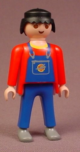 Playmobil Adult Male Figure In A Red Shirt & Blue Overalls