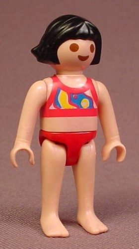 Playmobil Female Girl Child Figure In A Red & Pink Bathing Suit