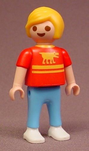 Playmobil Male Boy Child Figure In A Red Shirt With Yellow Stripes