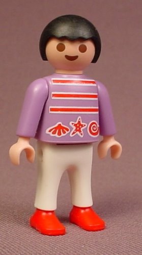 Playmobil Male Boy Child Figure In A Light Purple Shirt With Stripes