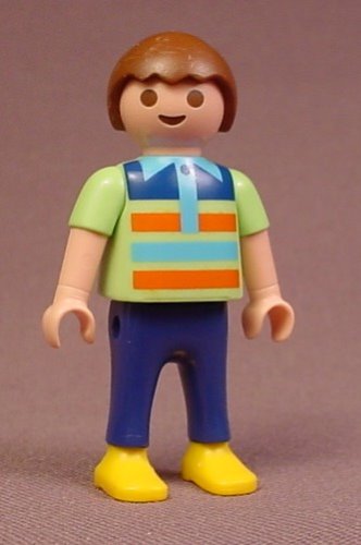 Playmobil Male Boy Child Figure In A Light Green Shirt With Stripes