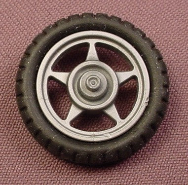 Playmobil Black Rubber Motorcycle Tire On A Silver Gray 5 Spoked Hub