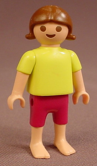 Playmobil Female Girl Child Figure In A Lime Green Shirt And Magenta Purple Shorts, Bare Feet, Brown Hair With Flipped Tips, 4015 7463, 30 11 2080